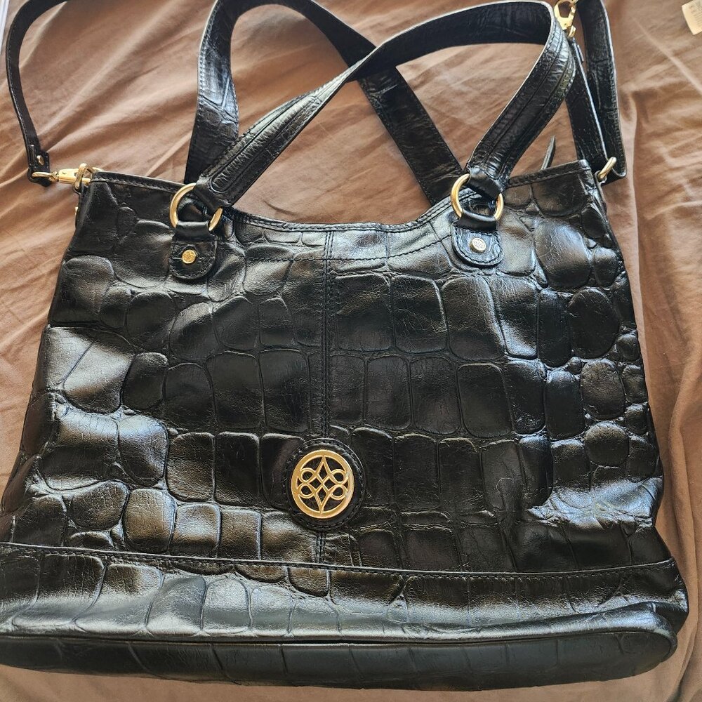 Antonio Melani Black Satchel Purse Leather Handbag Shoulder Pockets Large